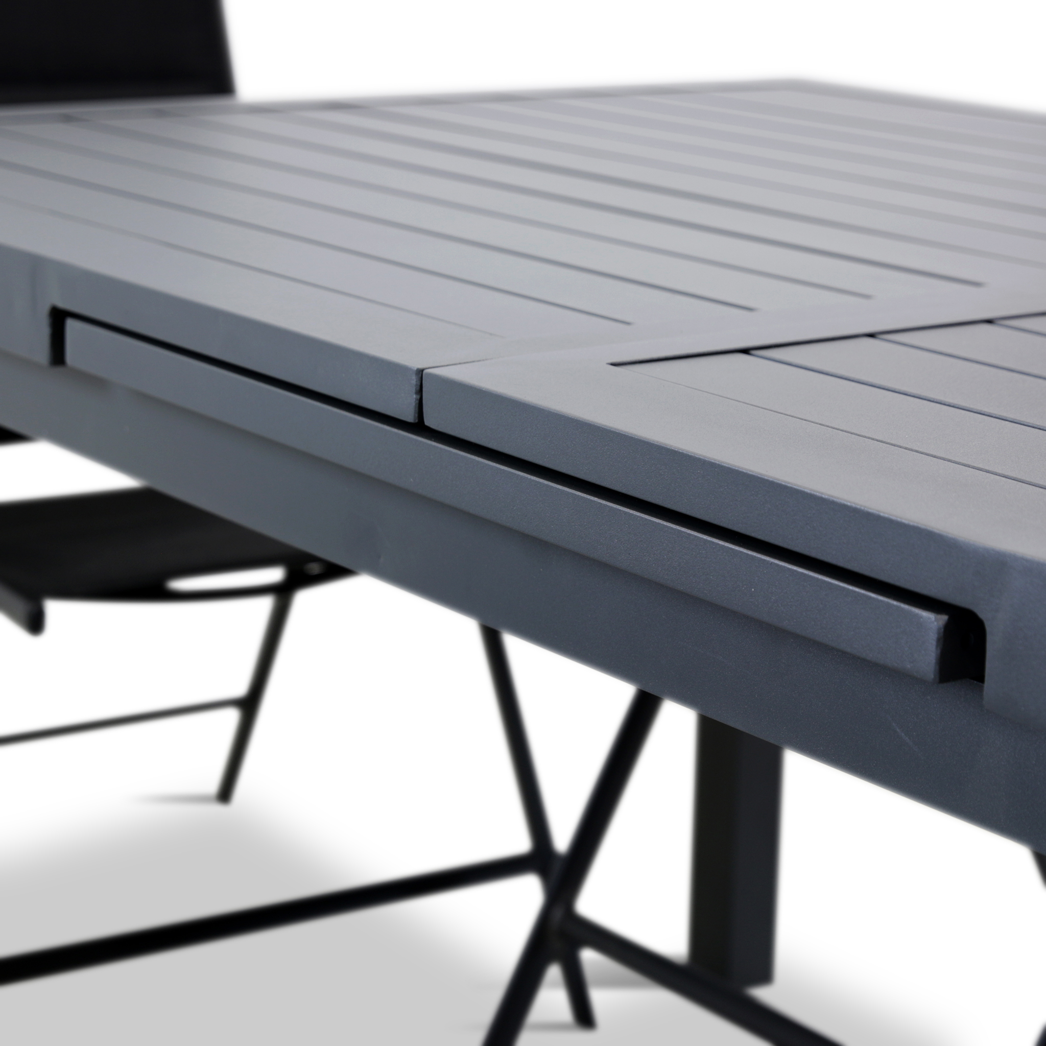 Förlängningsbart bord i aluminium 180-240cm | 8 positionsstolar Förlängningsbart bord i aluminium 180-240cm | 8 positionsstolar