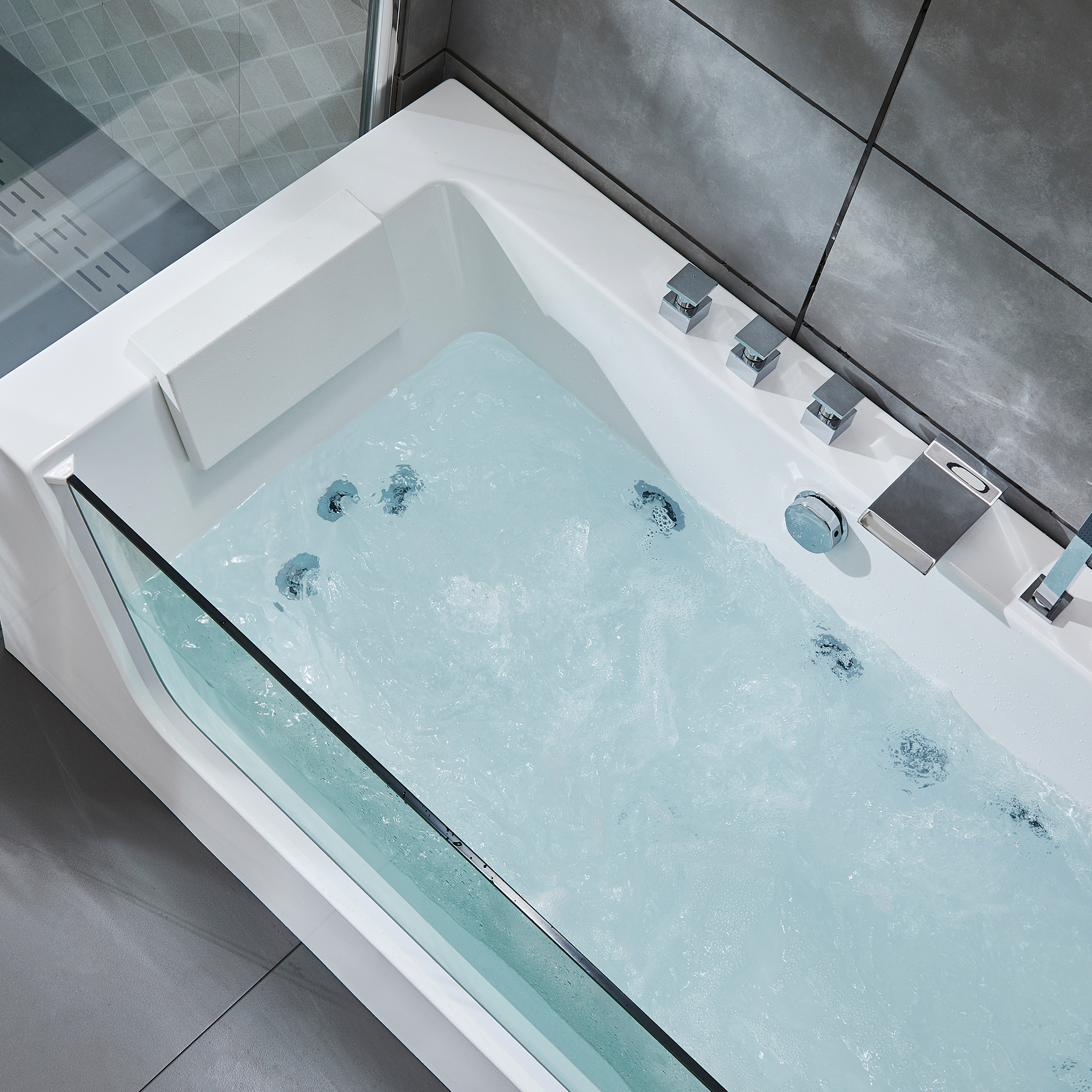 Bubbelbadkar med glasfront 170x80cm | Ergonomisk nackkudde | BK-019 Bubbelbadkar med glasfront 170x80cm | Ergonomisk nackkudde | BK-019