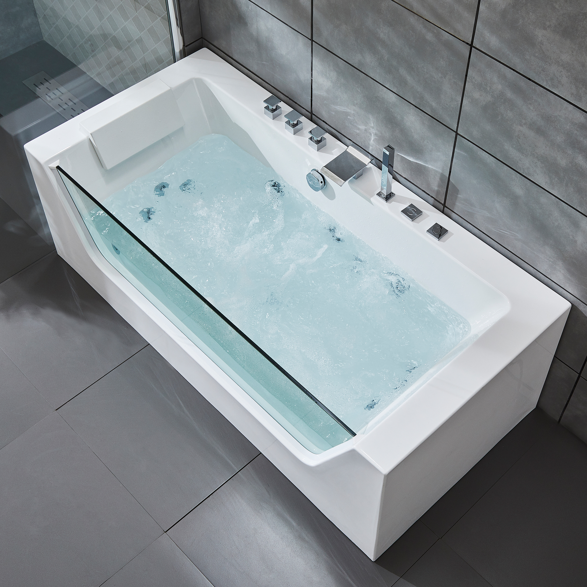 Bubbelbadkar med glasfront 170x80cm | Ergonomisk nackkudde | BK-019 Bubbelbadkar med glasfront 170x80cm | Ergonomisk nackkudde | BK-019