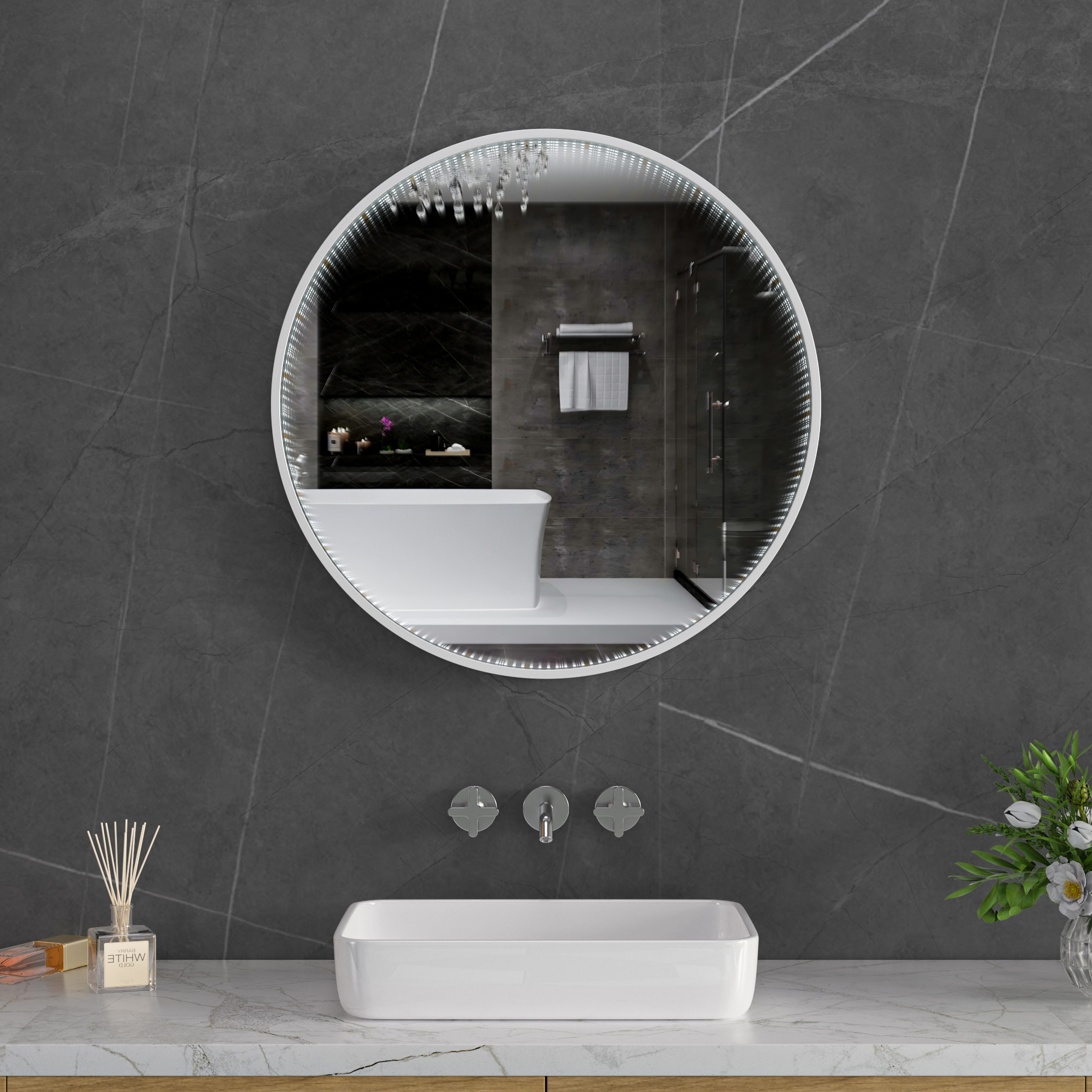 Tunnel-spegel | Silver aluminiumram | LED-belysning med dimmer | 800x800 mm