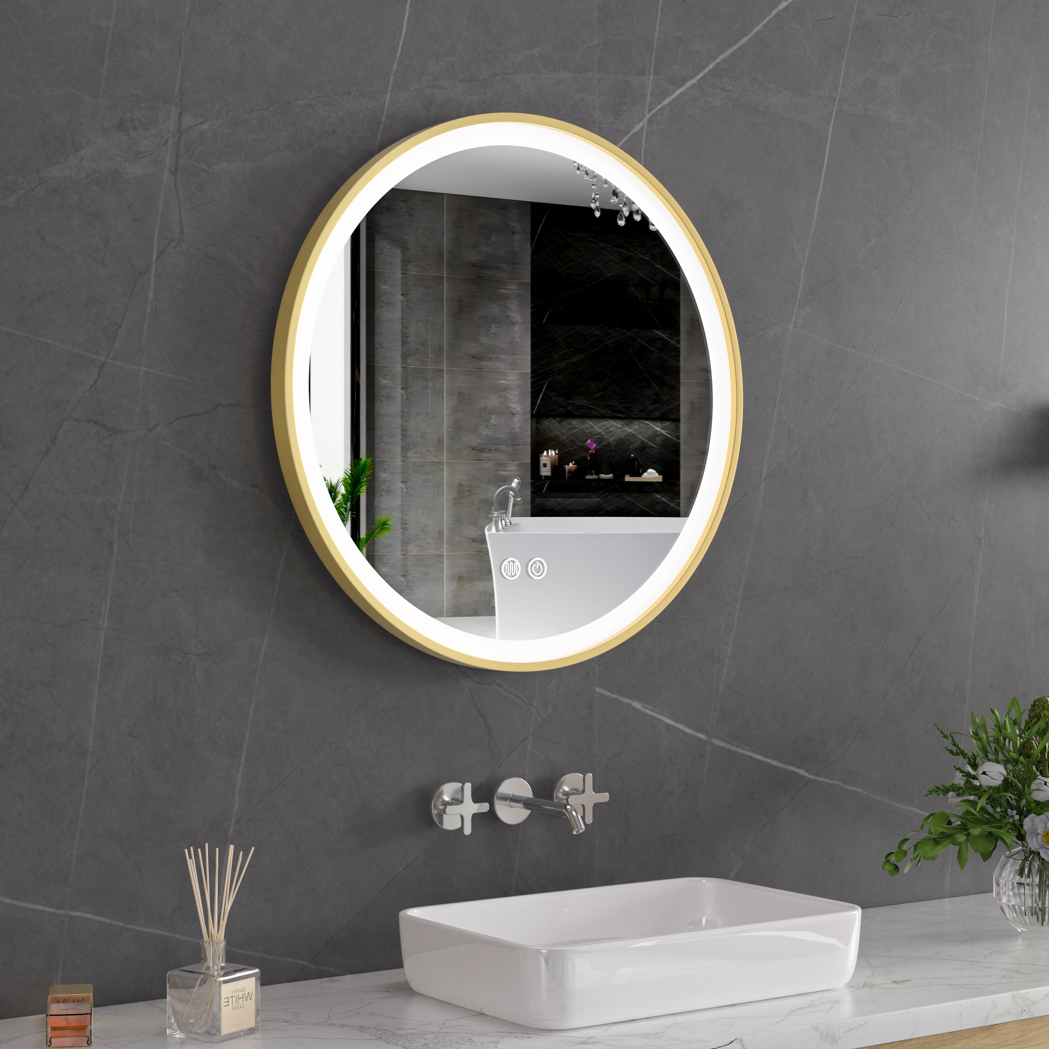 Stilren LED-spegel | 60x60 cm | Guldaluminiumram | Anti-fog & touch-styrning Stilren LED-spegel | 60x60 cm | Guldaluminiumram | Anti-fog & touch-styrning