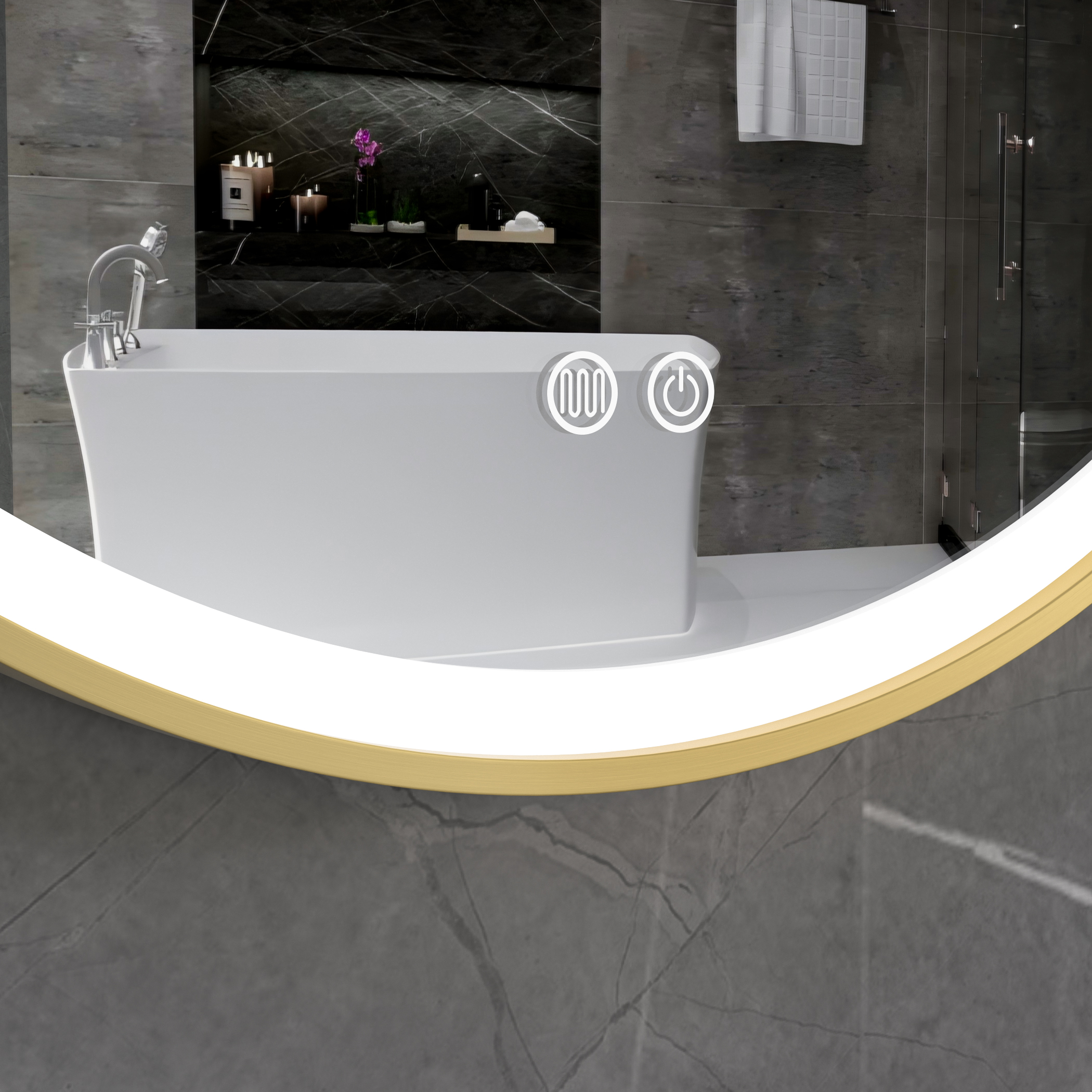 Stilren LED-spegel | 60x60 cm | Guldaluminiumram | Anti-fog & touch-styrning Stilren LED-spegel | 60x60 cm | Guldaluminiumram | Anti-fog & touch-styrning