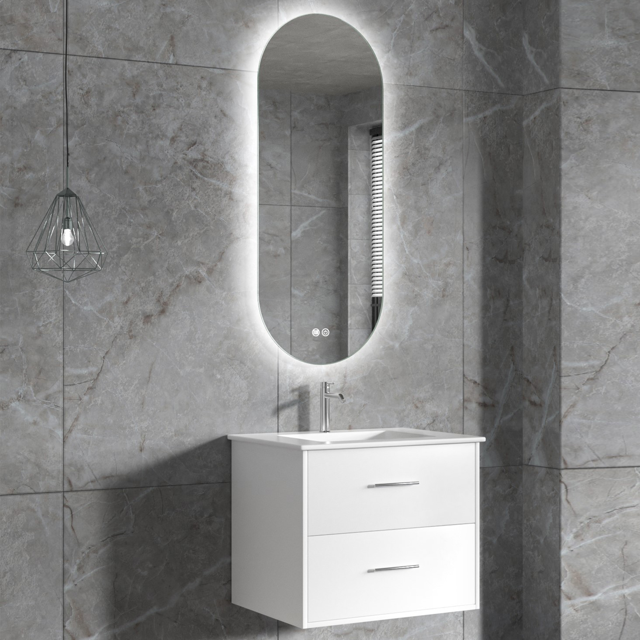 Badrumsmöbel | Oval LED-spegel | Kommod med blandare | Nimbo Badrumsmöbel | Oval LED-spegel | Kommod med blandare | Nimbo