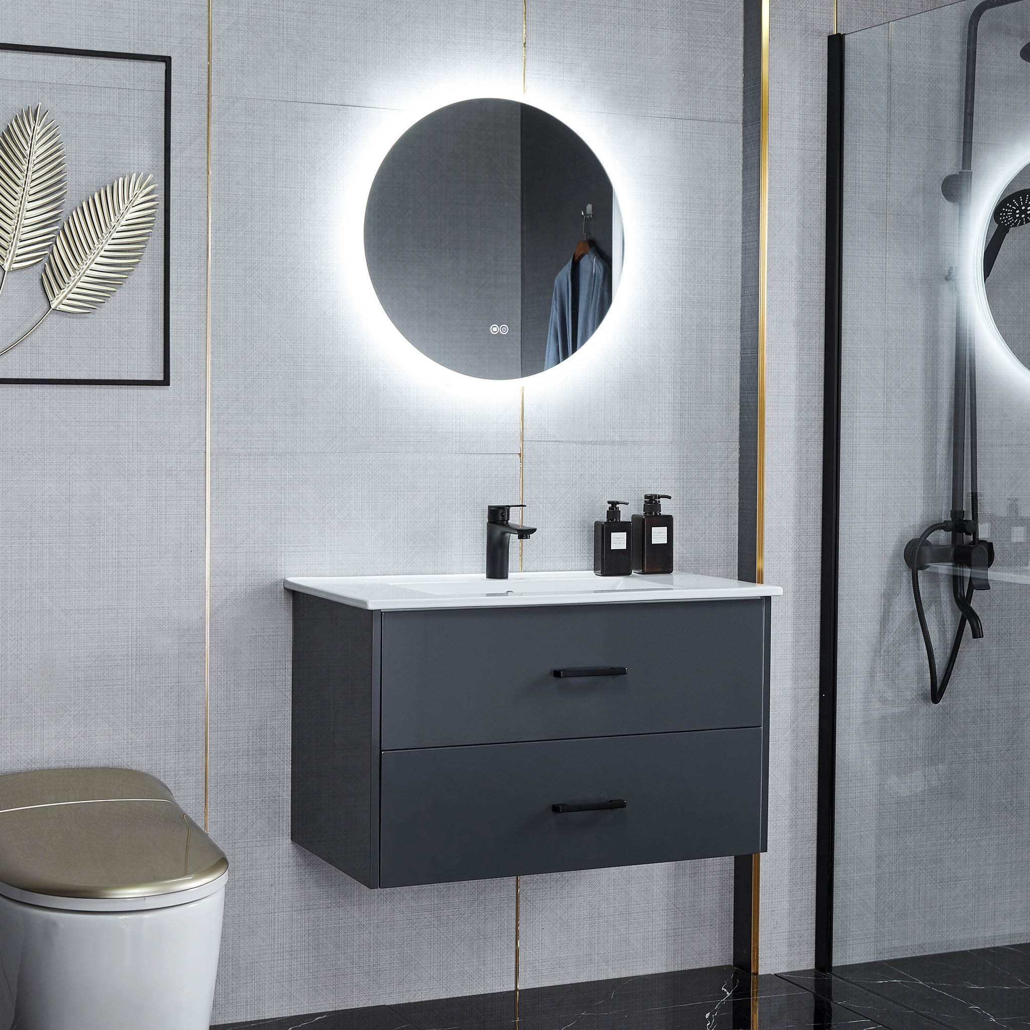 Kommod 80cm | Rund LED-spegel med dimmer | Svart blandare Kommod 80cm | Rund LED-spegel med dimmer | Svart blandare