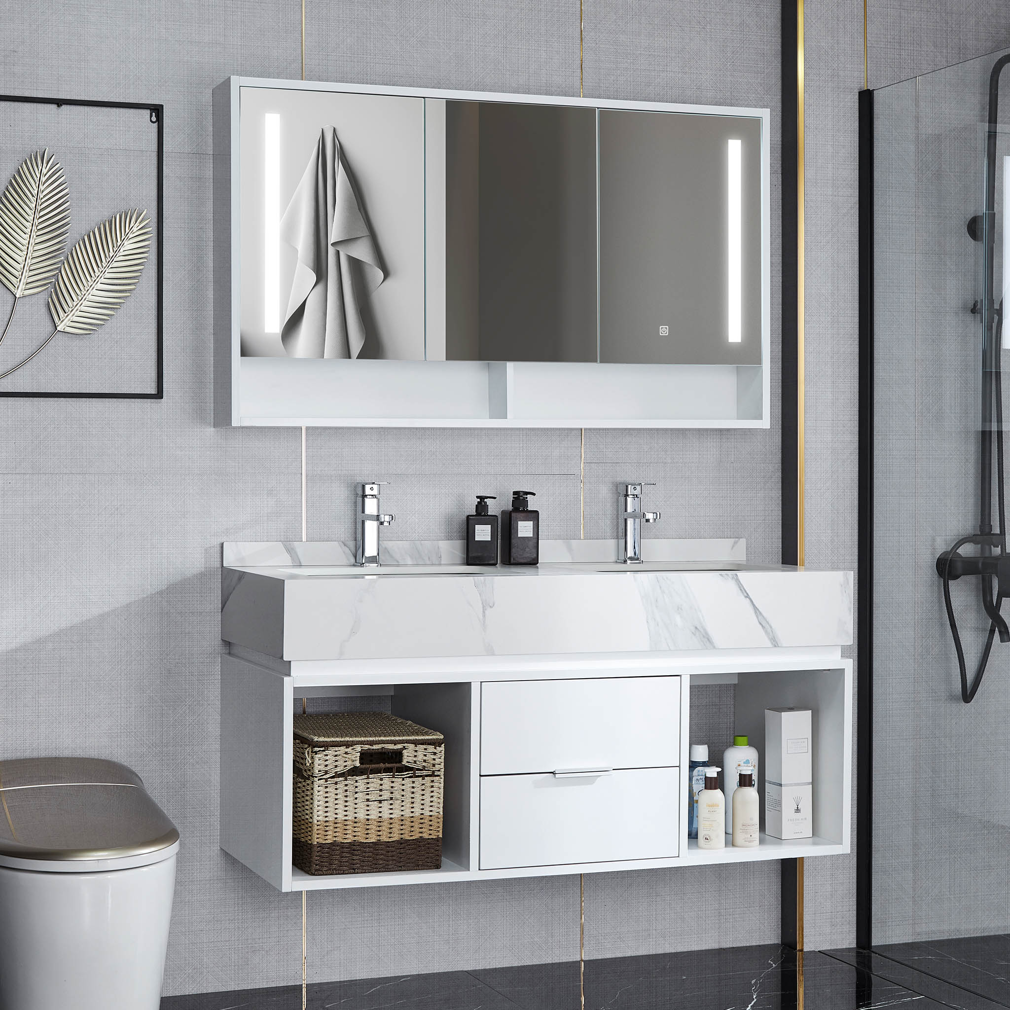 Badrumspaket 120cm  Marmorerad sintrad sten  LED-spegelsk&aring;p