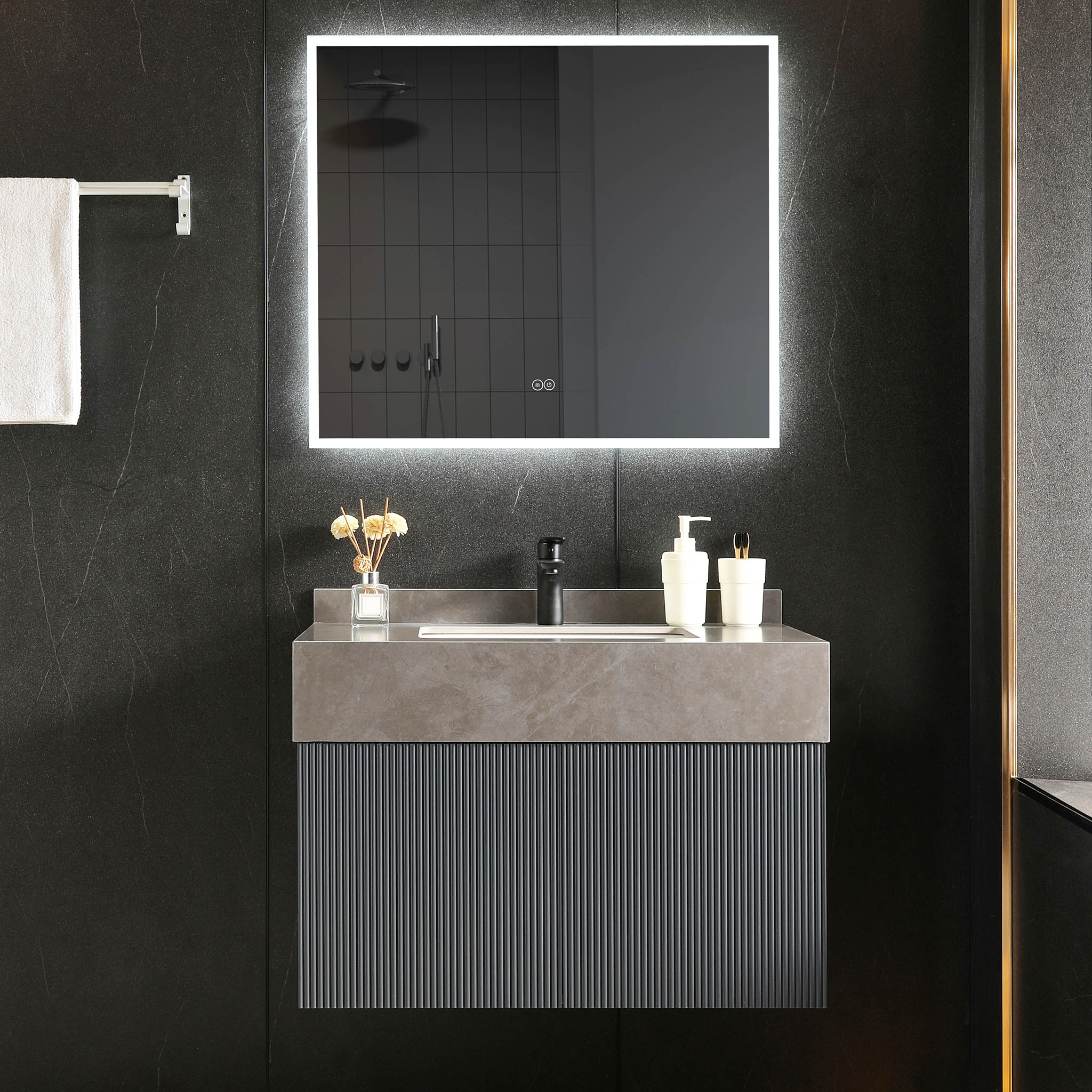 Badrumspaket | Tålig sintrad sten | LED-spegel | Cirrus Grey Badrumspaket | Tålig sintrad sten | LED-spegel | Cirrus Grey