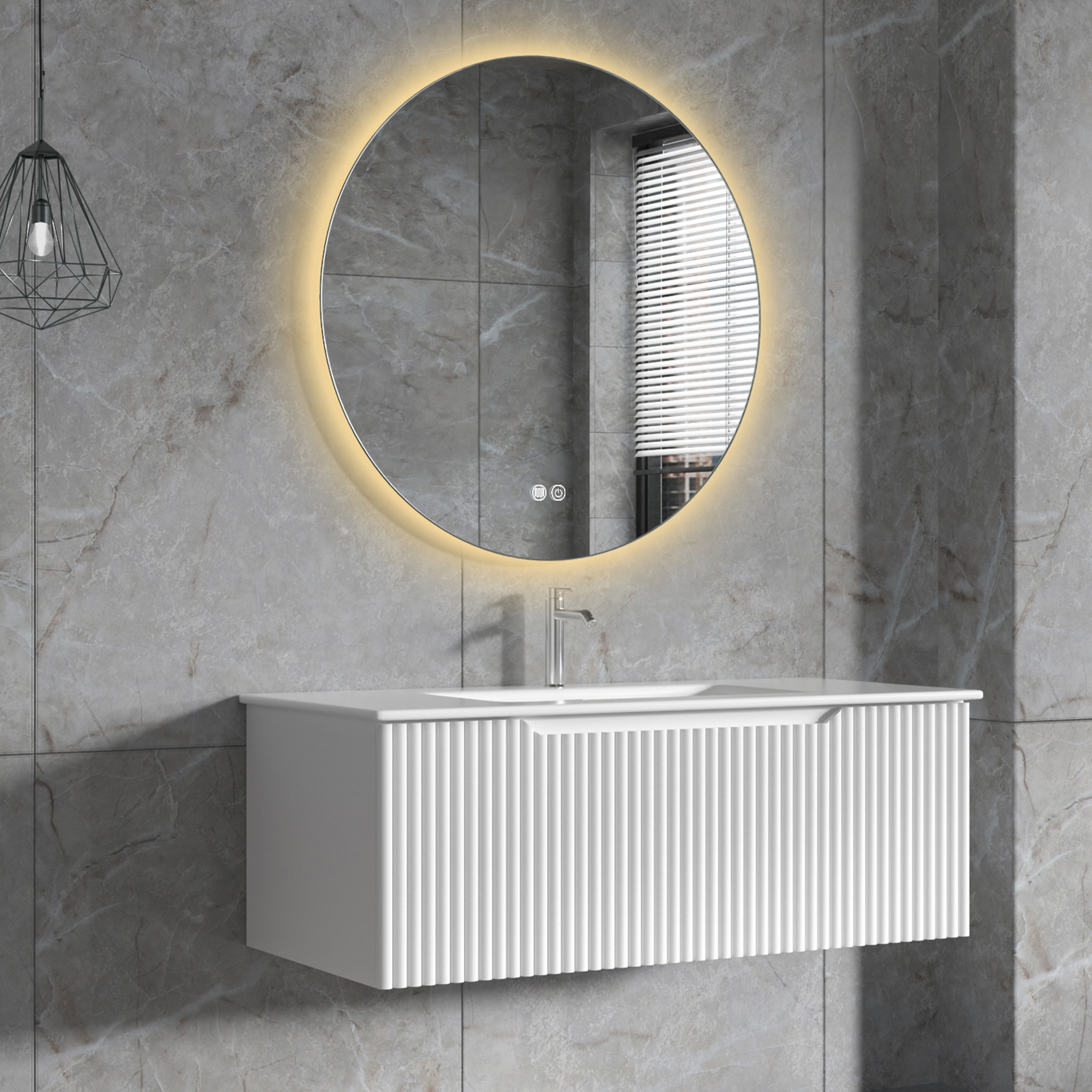 Badrumspaket | Kommod 101cm | Rund LED-spegel | Tuba - Vit Badrumspaket | Kommod 101cm | Rund LED-spegel | Tuba - Vit