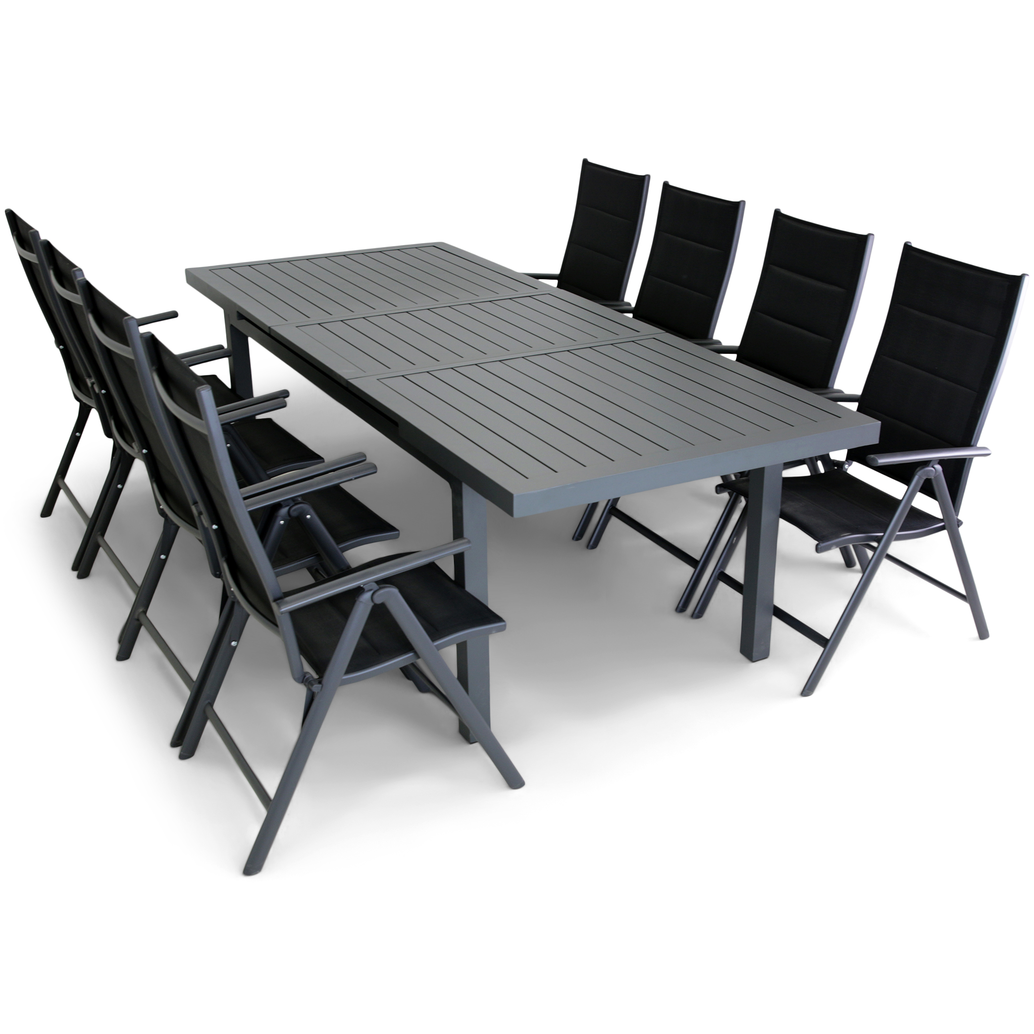 Förlängningsbart bord i aluminium 180-240cm | 8 positionsstolar Förlängningsbart bord i aluminium 180-240cm | 8 positionsstolar