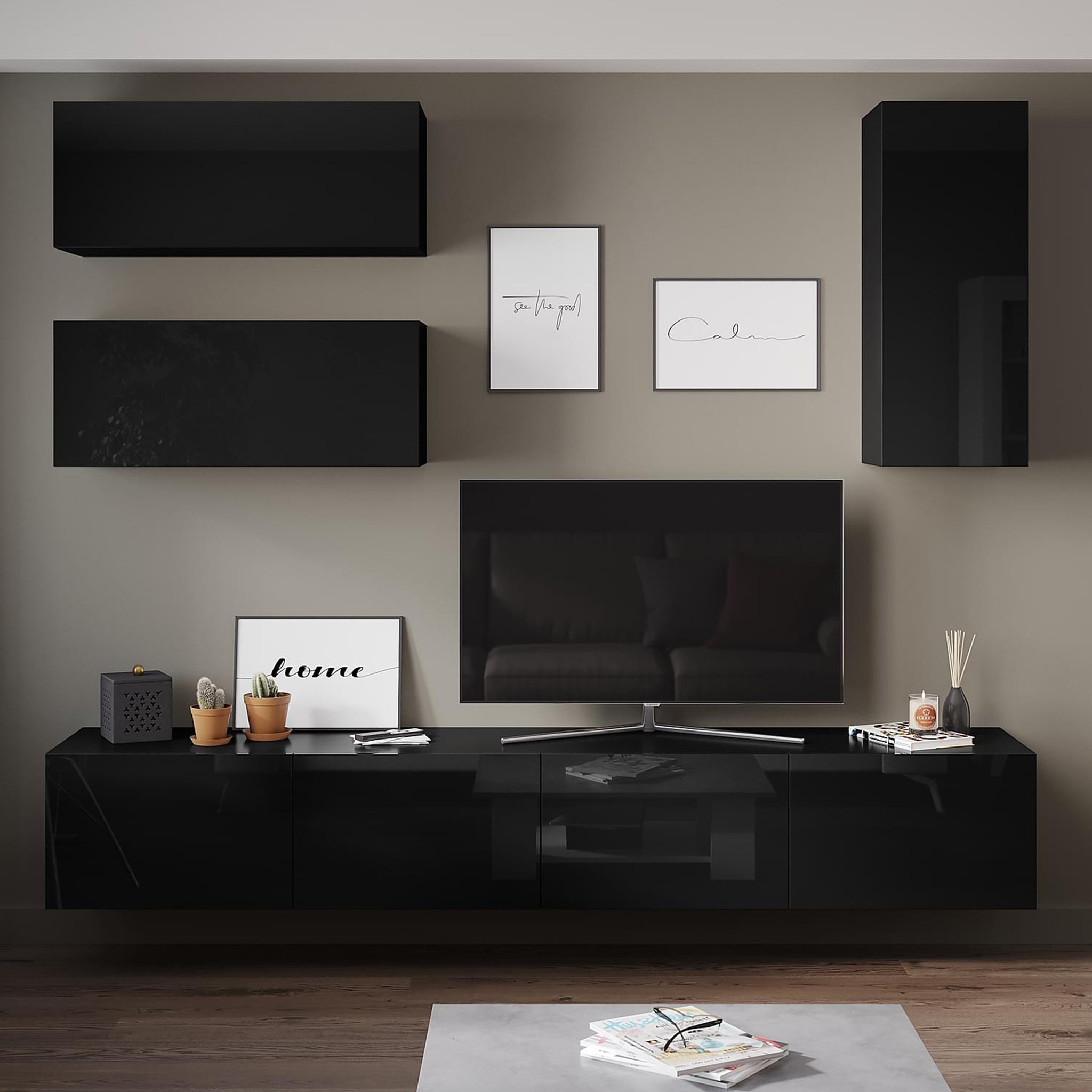 Tv-bänk inkl. hyllor 41x240 cm | Vägghängd | Badachro - Svart Tv-bänk inkl. hyllor 41x240 cm | Vägghängd | Badachro - Svart