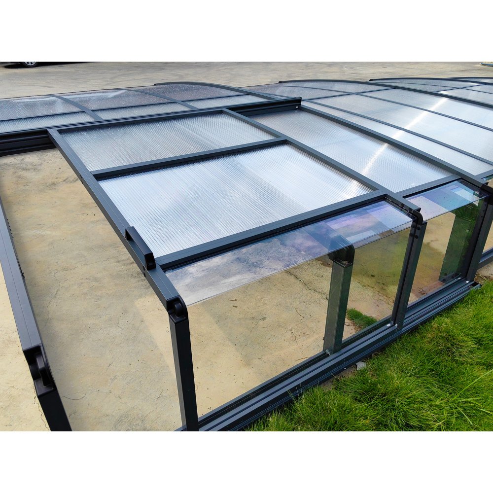 Pooltak 4x8m | Utan skenor | UV-skydd | Flexibel dörr Pooltak 4x8m | Utan skenor | UV-skydd | Flexibel dörr