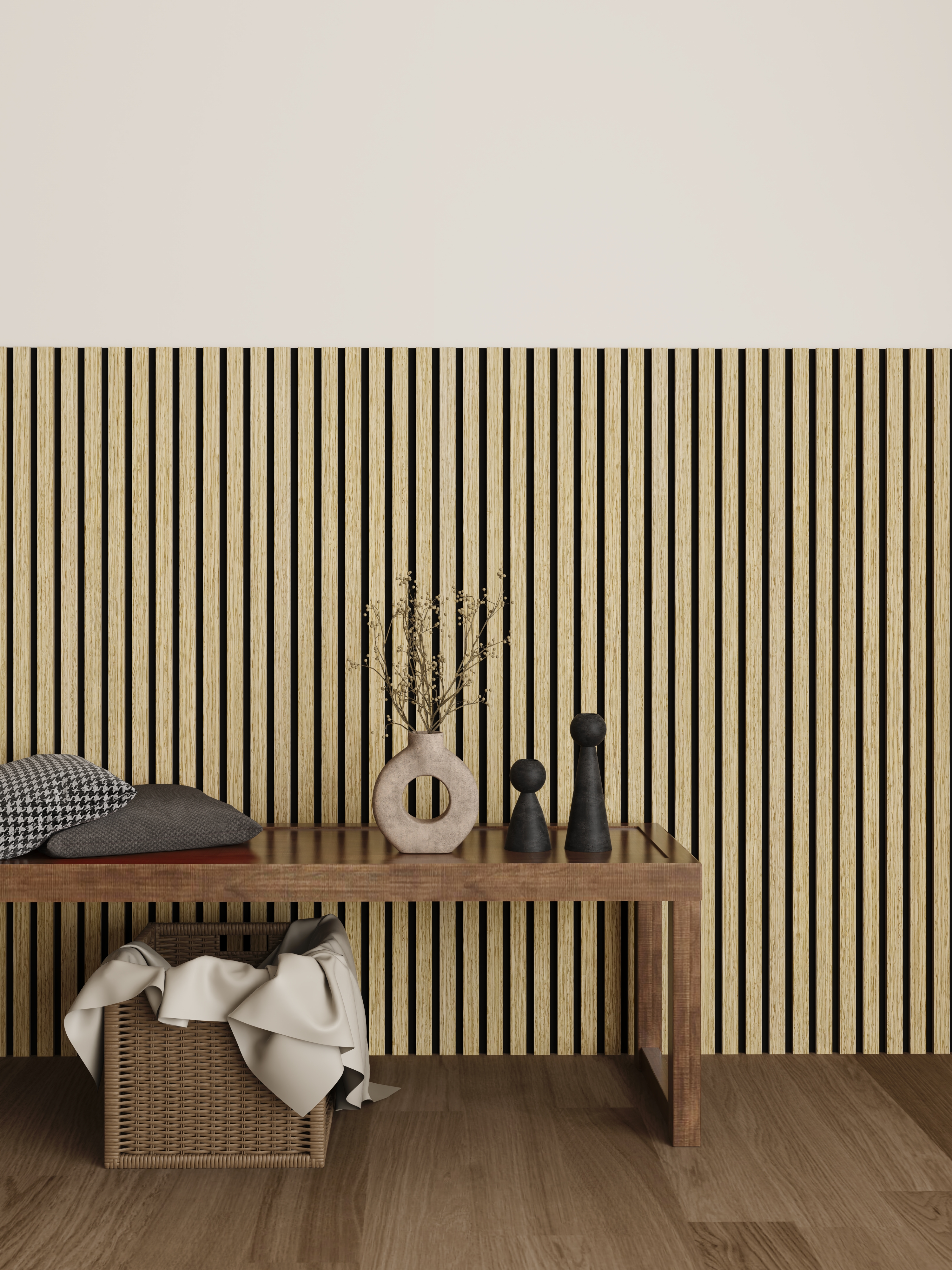 Trälamell akustikpanel | 2400x600x18mm | Tvådelad | Vit ek Trälamell akustikpanel | 2400x600x18mm | Tvådelad | Vit ek