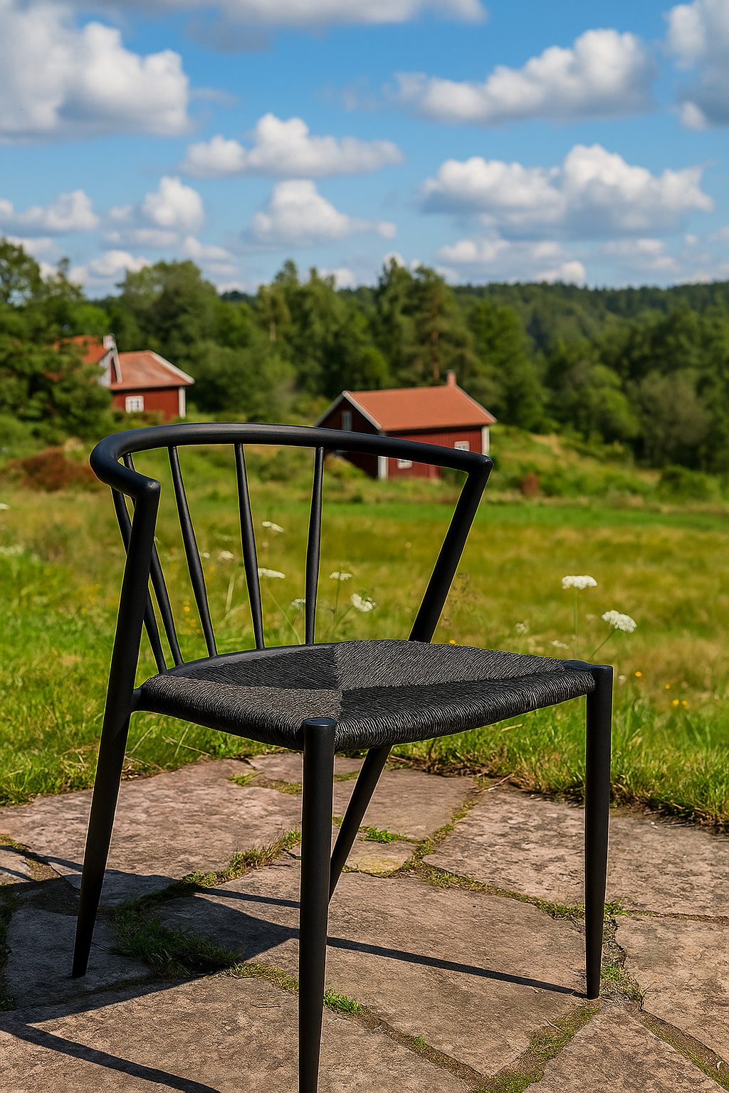 Bella utestol i svart metall med svart repsits Bella utestol i svart metall med svart repsits