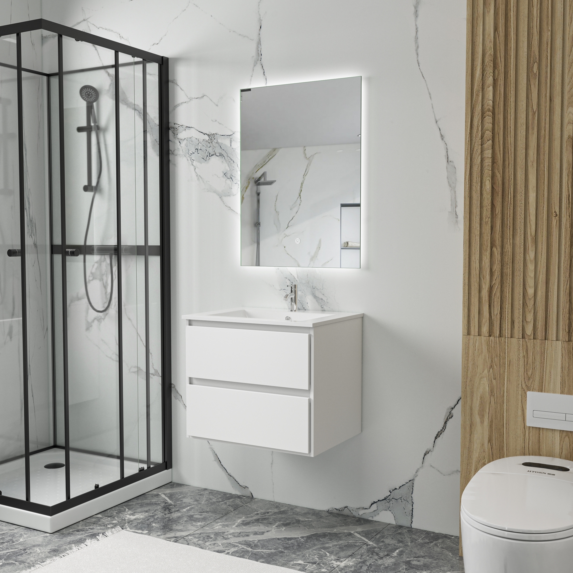 Badrumspaket 60 cm  Vgghngd Kommod med LED-spegel | Keramiskt Tvttstll | Mjukstngande Ldor