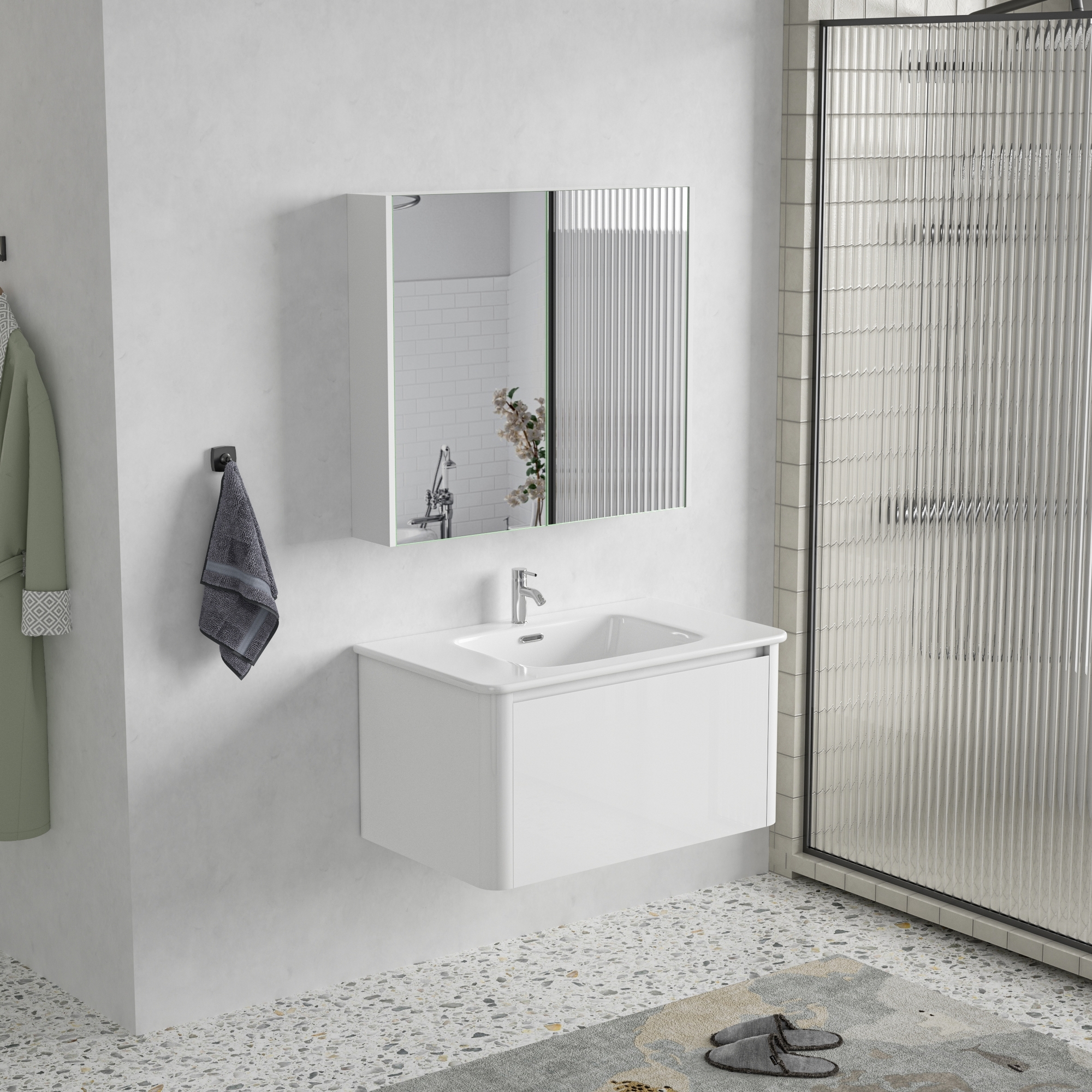 Badrumspaket 80 cm  Kommod & keramiskt tvttstll med spegelskp | Mjukstngning | Modern design