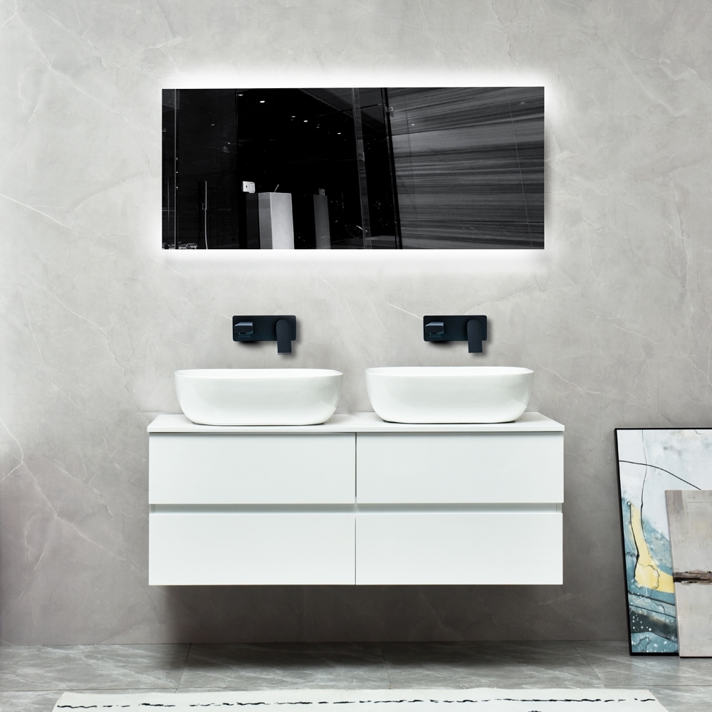 Badrumspaket | Kommod 120 cm med dubbelhandfat | LED-spegel | Blank vit