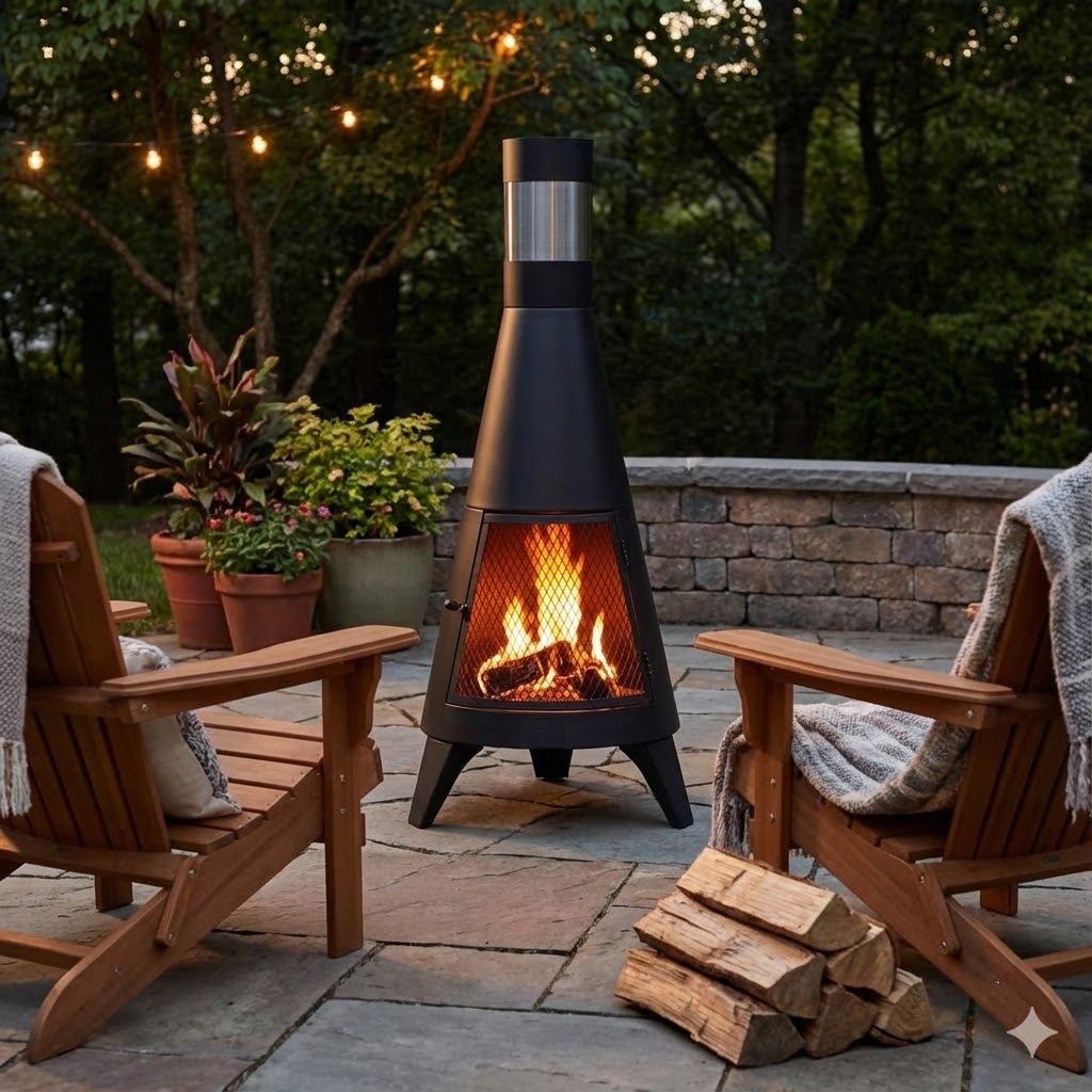 Eldstad med skorsten i stål | Inbyggd vedförvaring | Svart Eldstad med skorsten i stål | Inbyggd vedförvaring | Svart