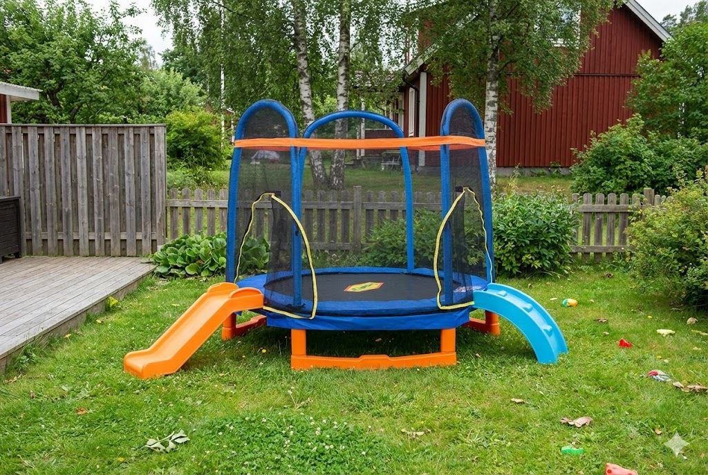 Studsmatta 220 cm � Hexagon, 36 fj�drar, 100 kg maxvikt & PE-s�kerhetsn�t