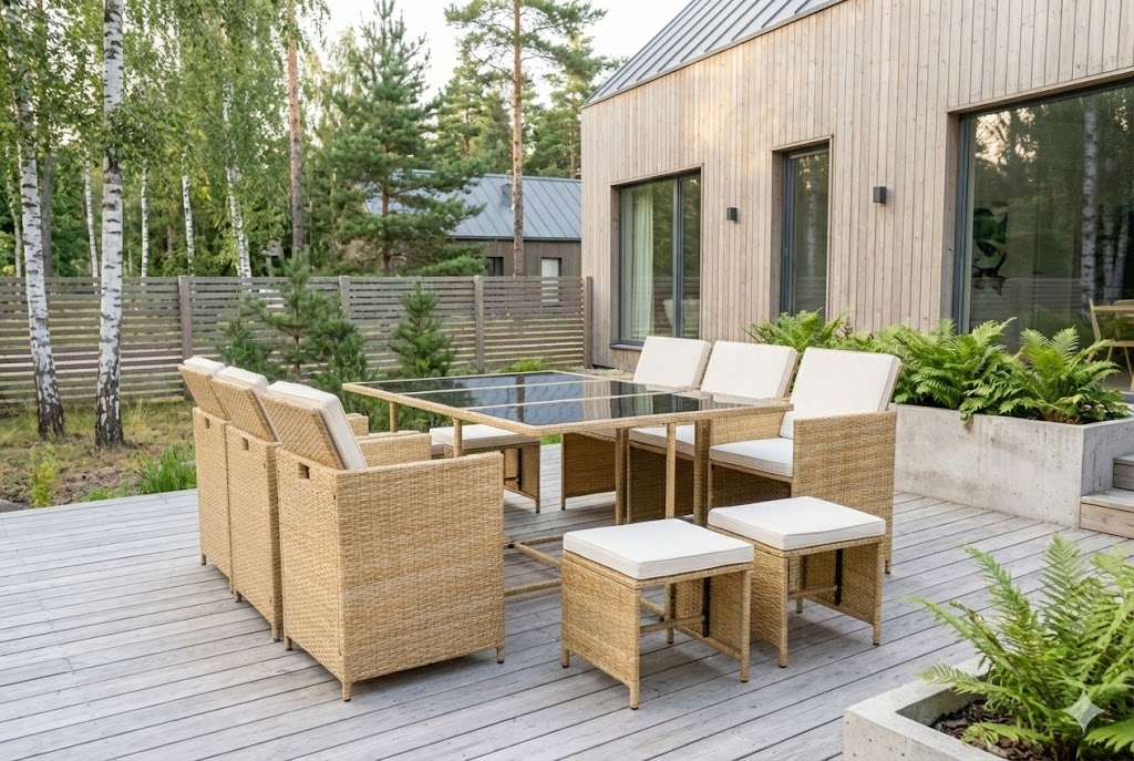 Matgrupp/Utegrupp 10 platser |  6 Stolar & 4 Pallar | Sk�rhamn  beige