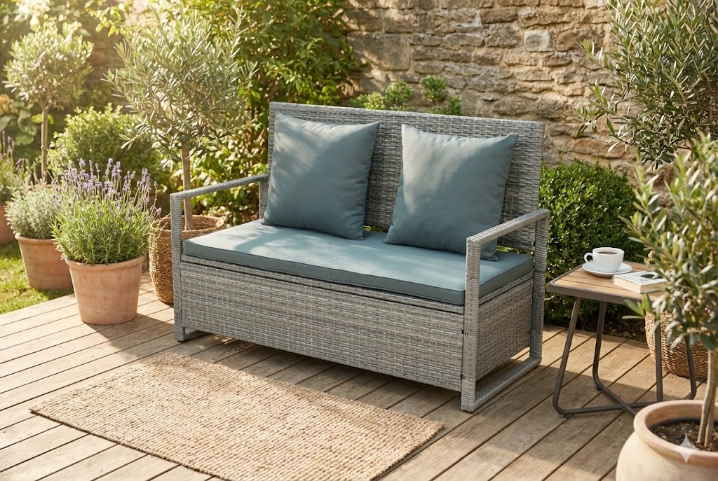 B�nk med dynf�rvaring 129 cm | Gr� konstrotting | Dynor ing�r | Boxvik