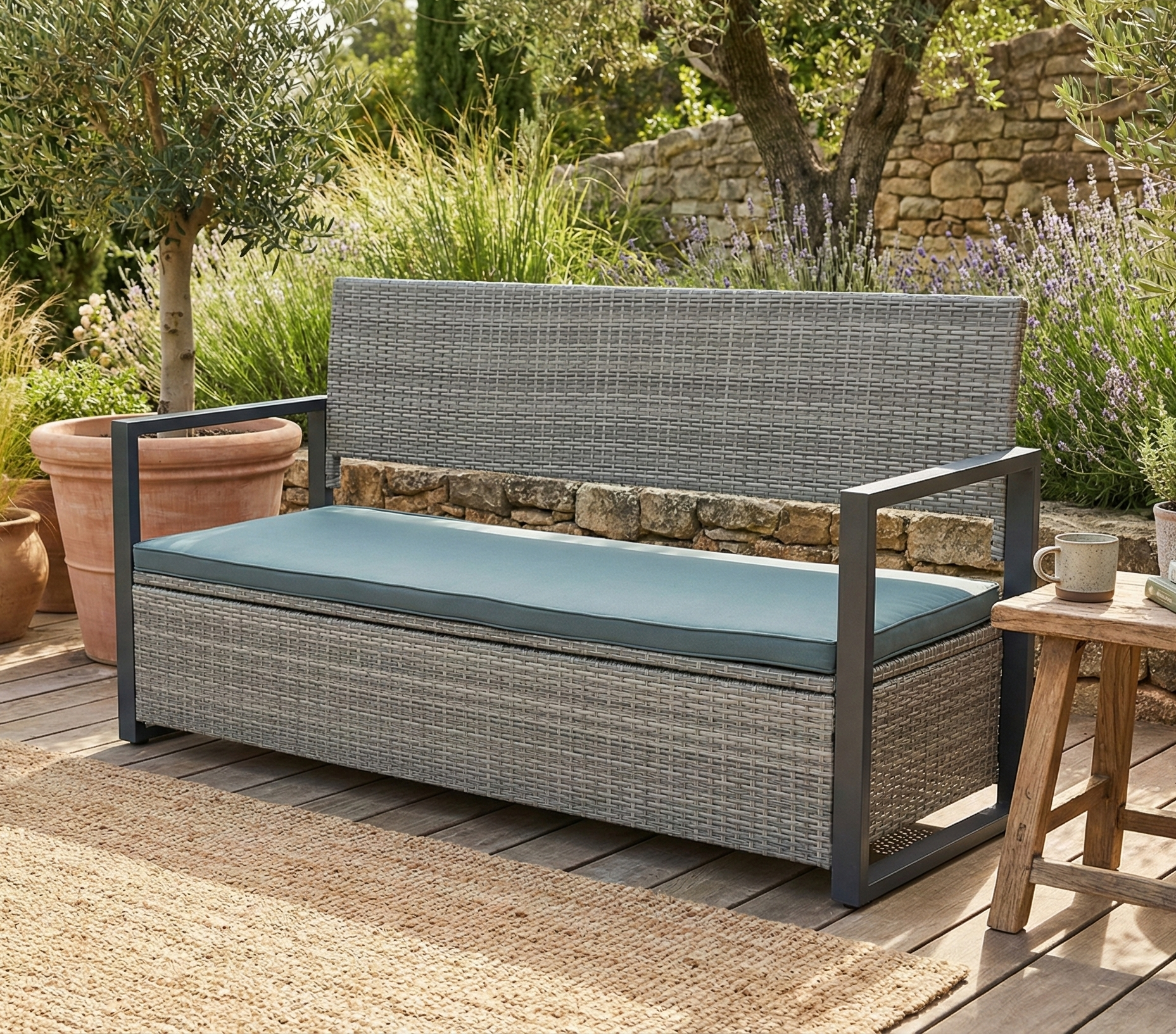 B�nk med dynf�rvaring 165 cm | Gr� konstrotting | Dynor ing�r | Boxvik