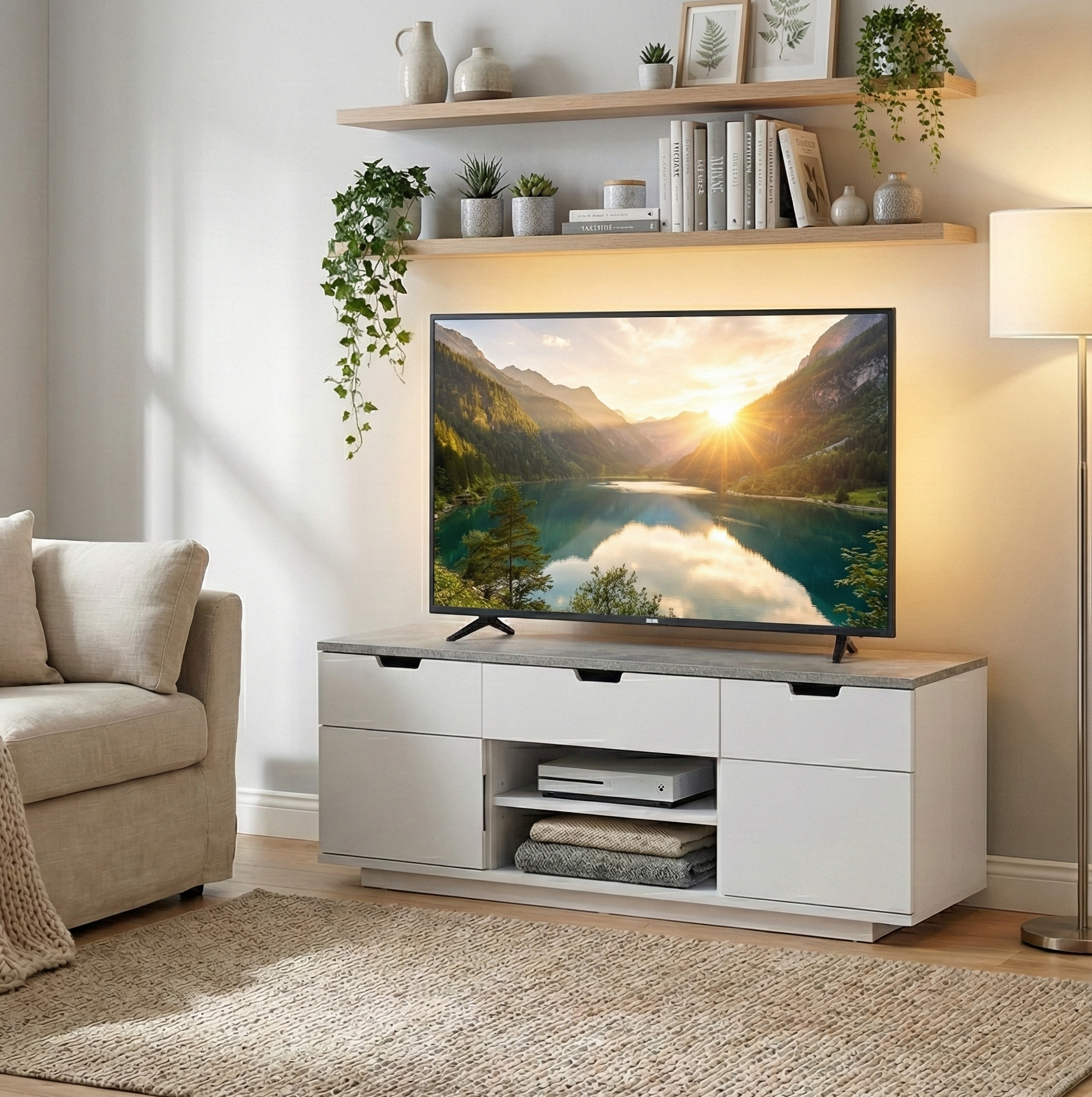 TV-b�nk med rymlig f�rvaring | Vit/gr� | Malte