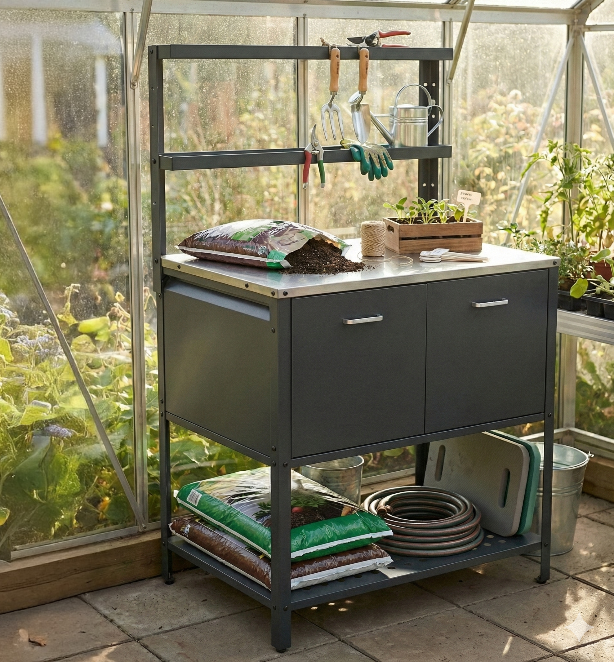 V�xthusbord med sk�p i galvaniserat st�l | F�rvaring & verktygshyllor | M�rkgr�