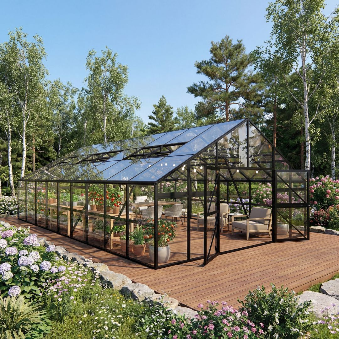 Extra brett premium glasväxthus 51m² | Stormgaranti och säkerhetsglas Extra brett premium glasväxthus 51m² | Stormgaranti och säkerhetsglas