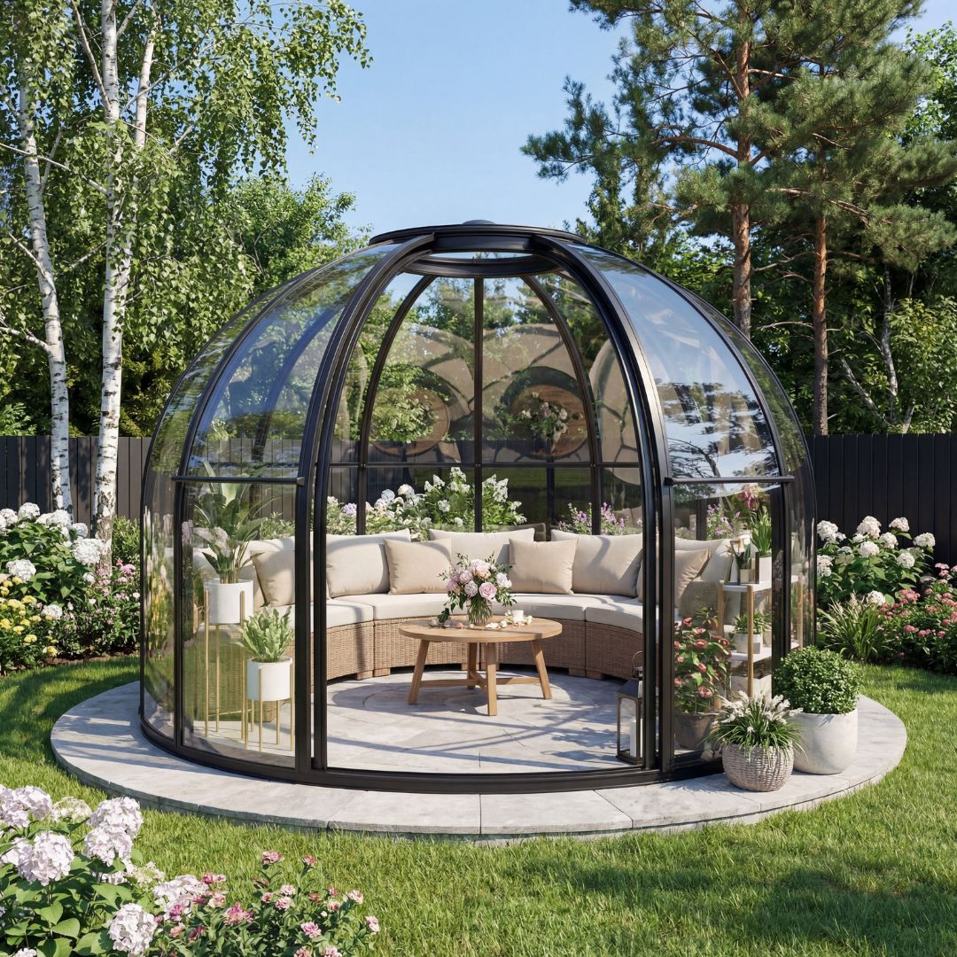 Runt växthus 13,2 m² | Exklusivt Uterum | Svart aluminium & kristallklara polykarbonatpaneler Runt växthus 13,2 m² | Exklusivt Uterum | Svart aluminium & kristallklara polykarbonatpaneler