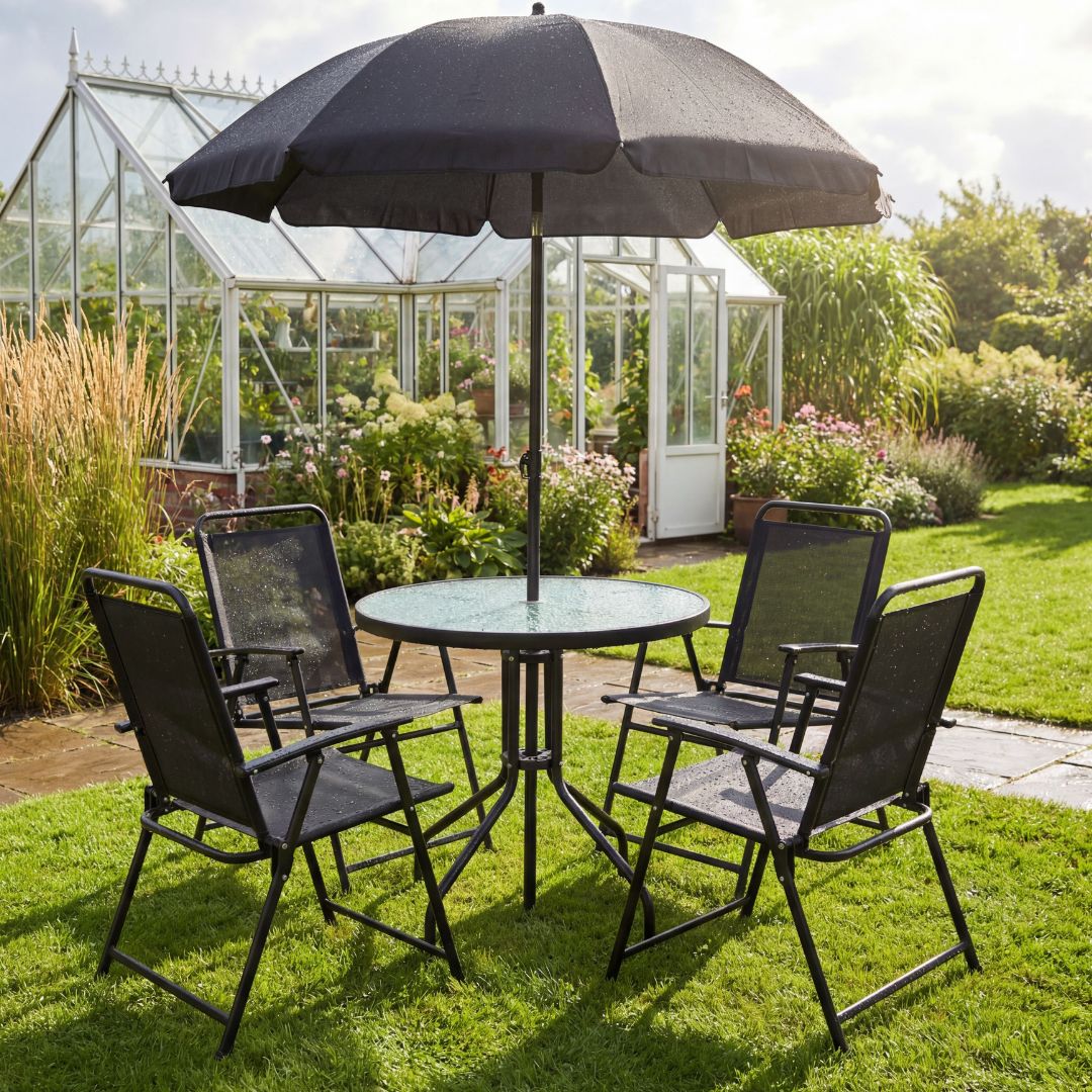Utegrupp med bord, 4 stolar och parasoll | Växsjö Utegrupp med bord, 4 stolar och parasoll | Växsjö