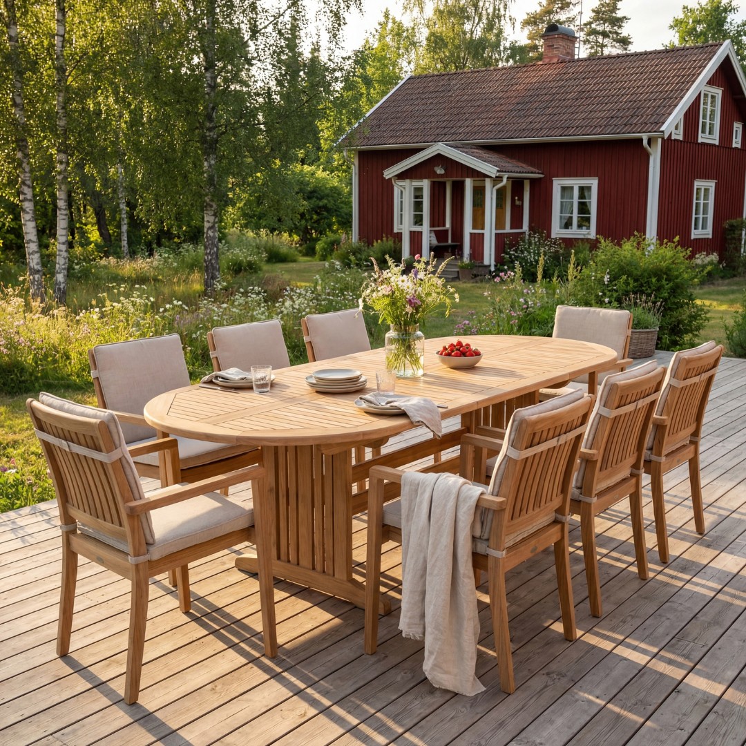 Utdragbart matbord i teak 180–220 cm med butterfly-funktion | Saltö Utdragbart matbord i teak 180–220 cm med butterfly-funktion | Saltö