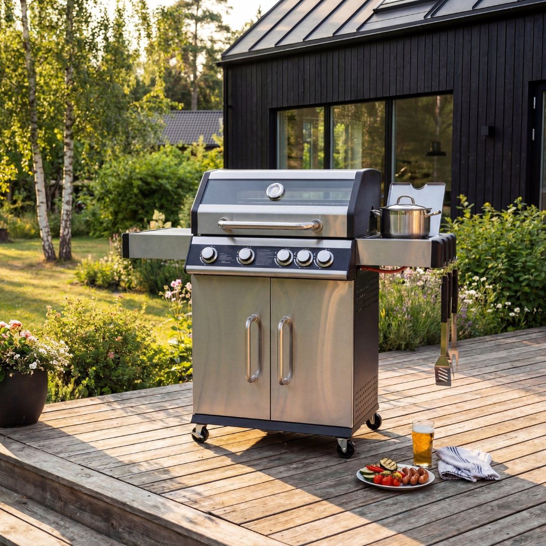 Rostfri gasolgrill med sidobrännare | Lock med glasfönster | Kansas Rostfri gasolgrill med sidobrännare | Lock med glasfönster | Kansas