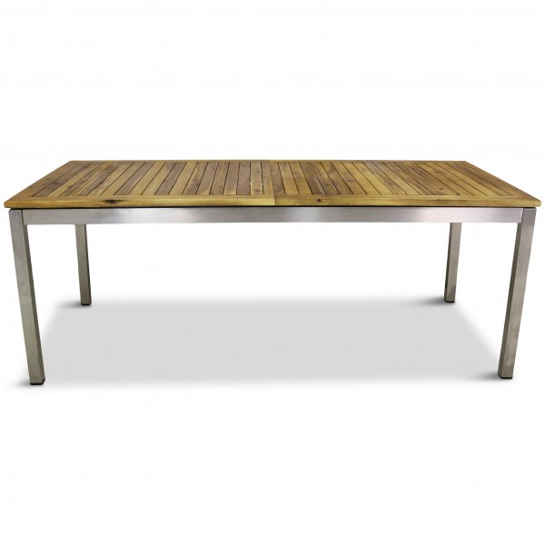 F�rl�ngningsbart bord 200-250cm + 8 stolar - Rostfritt st�l och oljad Acacia