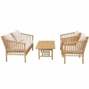 Bambu loungegrupp utomhus | Soffa, 2 fåtöljer & bord i naturmaterial Bambu loungegrupp utomhus | Soffa, 2 fåtöljer & bord i naturmaterial
