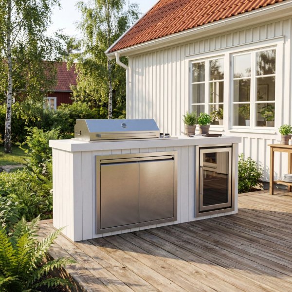 Utek�k med kylsk�p � Vit | Gasolgrill i rostfritt st�l med granitb�nkskiva (4 br�nnare) | Alaska