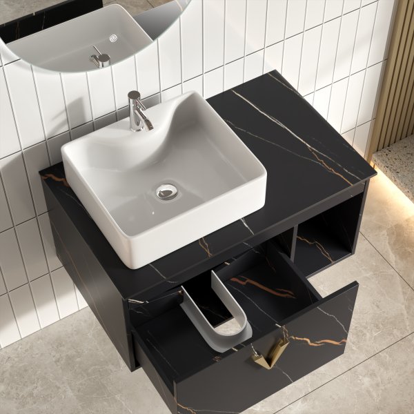 Luxe Badrumspaket 80 cm  Skifferbnkskiva, keramiskt tvttstll & LED-spegel | Mjukstngning