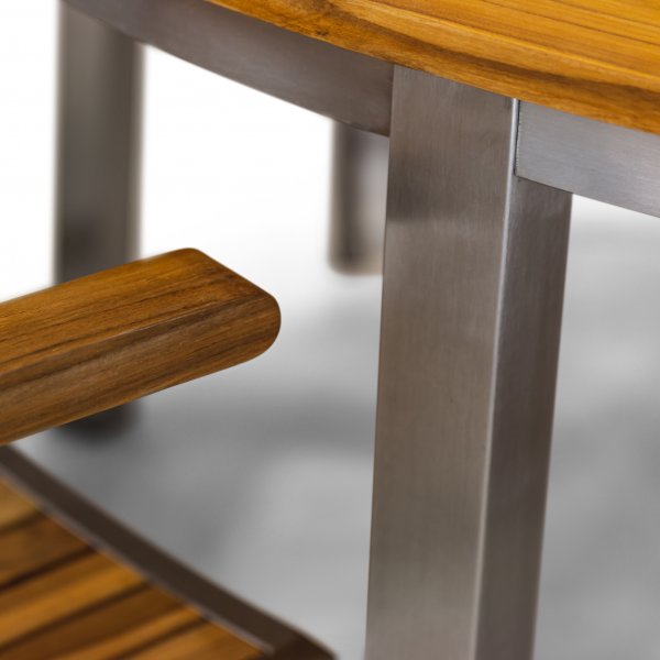 Rund trädgårdsgrupp i teak / rostfritt stål | Bord & 6 positionsstolar Rund trädgårdsgrupp i teak / rostfritt stål | Bord & 6 positionsstolar