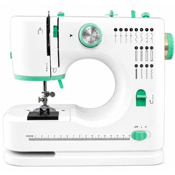 Symaskin elektrisk | 16 s�mmar & LED-belysning | Fotpedal f�r hemmabruk | Vit/Gr�n
