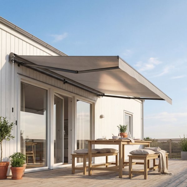 Markis med motor 4x3 m | Halvkassett | Fj�rrkontroll | Ljusgr�