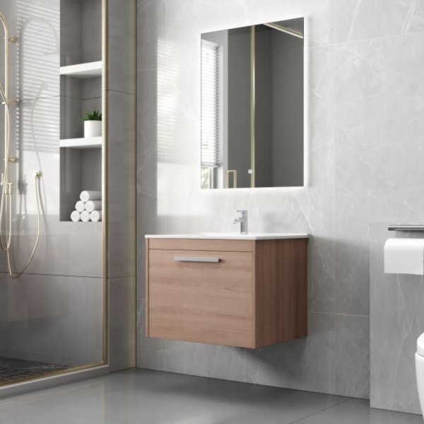 Badrumspaket 60 cm � Kommod i MDF | Keramiskt tv�ttst�ll & LED-spegel | Dimbar belysning | Elysia