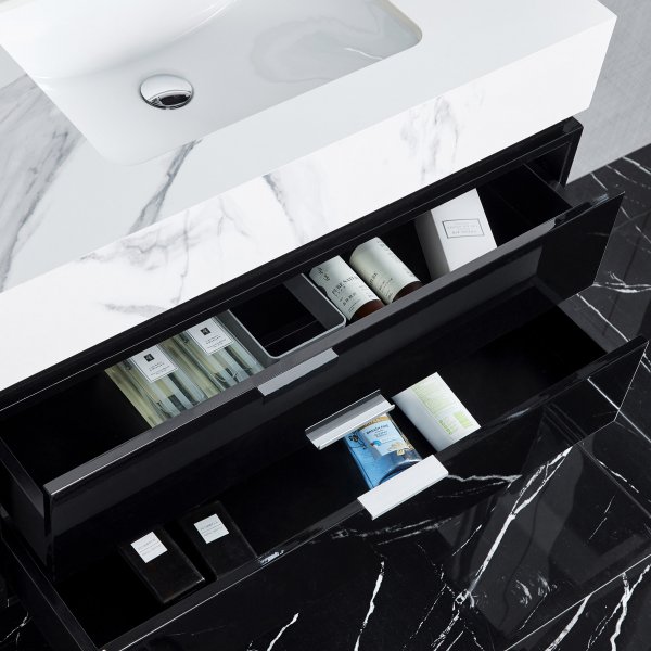 Badrumsmöbel 90cm | LED-spegelskåp | Marmorerad bänkskiva | Svart Badrumsmöbel 90cm | LED-spegelskåp | Marmorerad bänkskiva | Svart