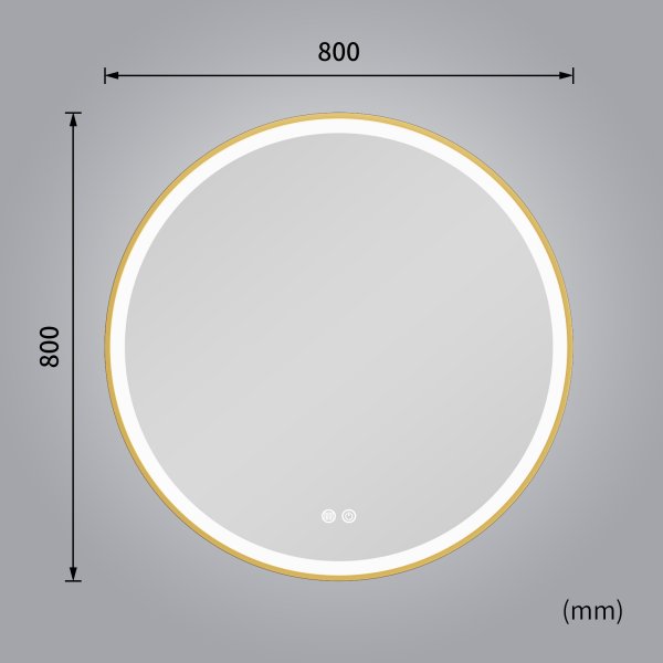 Stilren LED-spegel 80x80cm | Guldaluminiumram| Anti-fog & touch-styrning