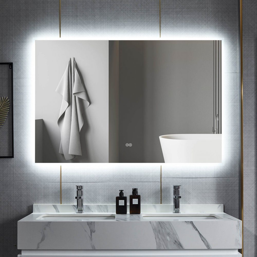 Stor badrumsspegel 140x80cm | LED-belysning & anti-fog | LED-belysning direkt i spegeln