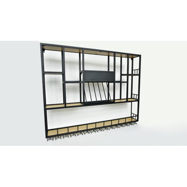 V�ggh�ngd barhylla i svart metall | Vin, glas & flaskf�rvaring | 150 � 120 cm