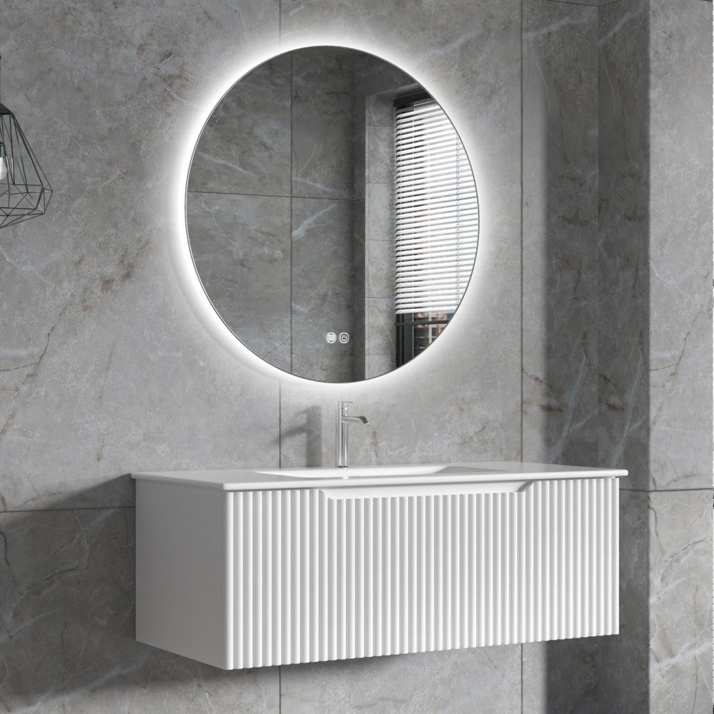 Badrumspaket | Kommod 101cm | Rund LED-spegel | Tuba | Vit | Kommod i stryktåligt MDF-material
