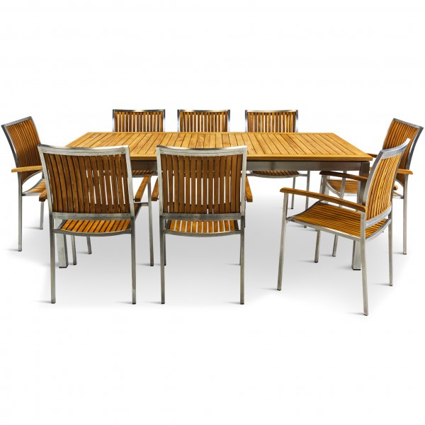 Frlngningsbart bord 200-250cm | 8 stolar | Rostfritt stl / teak