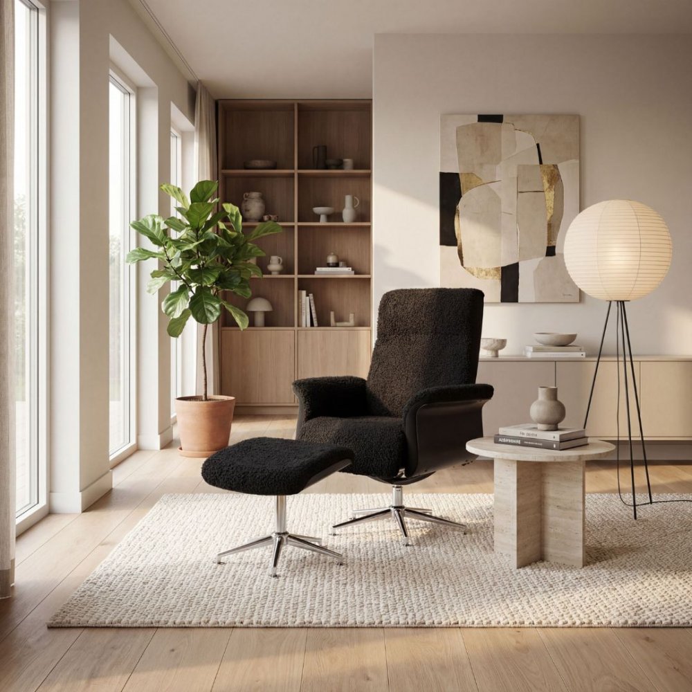 Hag&ouml;n f&aring;t&ouml;lj med fotpall  Antracit teddy, recliner & snurrstativ  Lyxig komfort och modern design