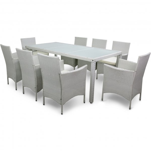 Utembler i vit konstrotting | Matgrupp med 8 stolar | Lyfco Lysekil