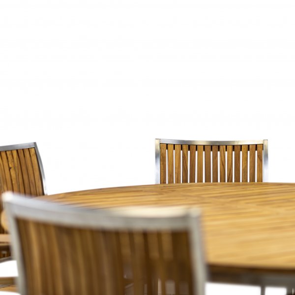 Stor rund trädgårdsgrupp i teak / rostfritt stål | Bord & 8 stolar Stor rund trädgårdsgrupp i teak / rostfritt stål | Bord & 8 stolar