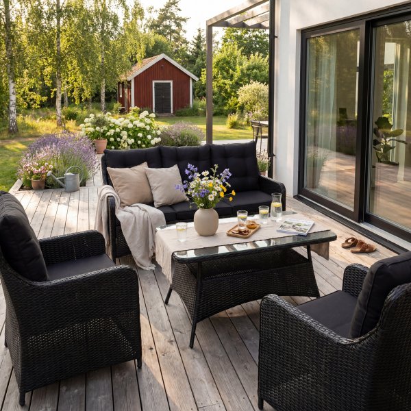 Loungegrupp utem�bler | Svart konstrotting | R�grund