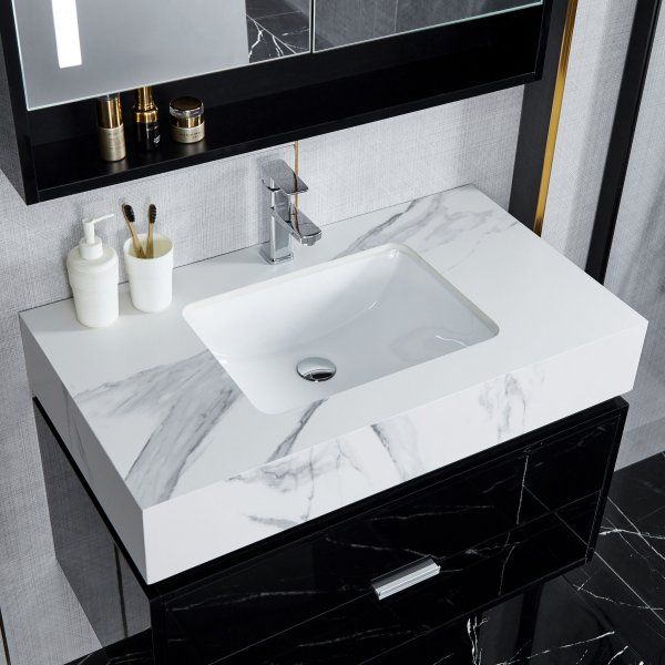 Badrumsmöbel 90cm | LED-spegelskåp | Marmorerad bänkskiva | Svart Badrumsmöbel 90cm | LED-spegelskåp | Marmorerad bänkskiva | Svart